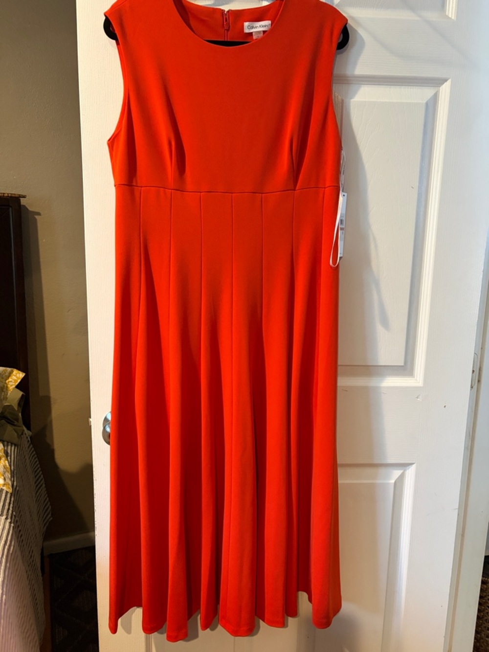 Calvin Klein Red-Orange Sleeveless Midi Fit-and-Flare Dress